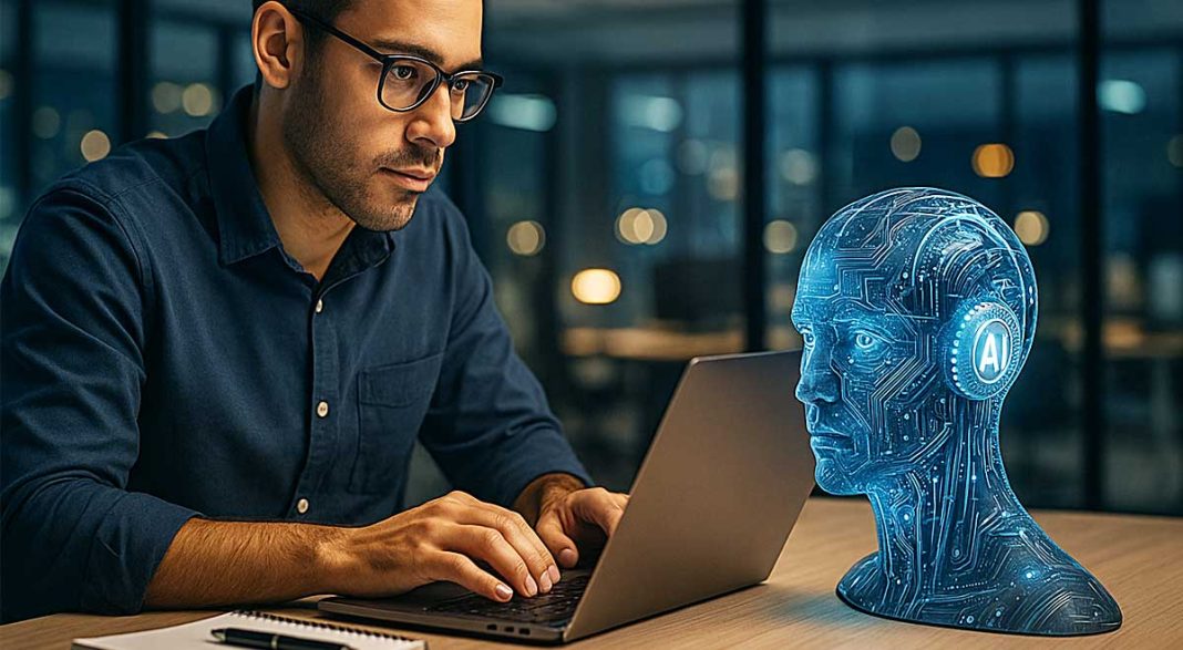 Focused AI engineer working late at a modern office desk, illuminated by city lights and accompanied by a glowing AI model, visually capturing the high demand for AI engineers in today’s tech-driven world.