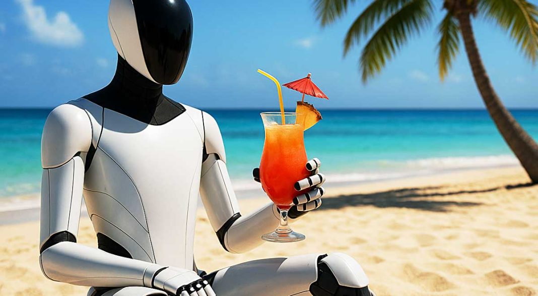 A sleek humanoid Tesla-style robot relaxing on a sunny Florida beach, holding a tropical vacation drink with a pineapple slice and umbrella, ocean and palm trees in the background.