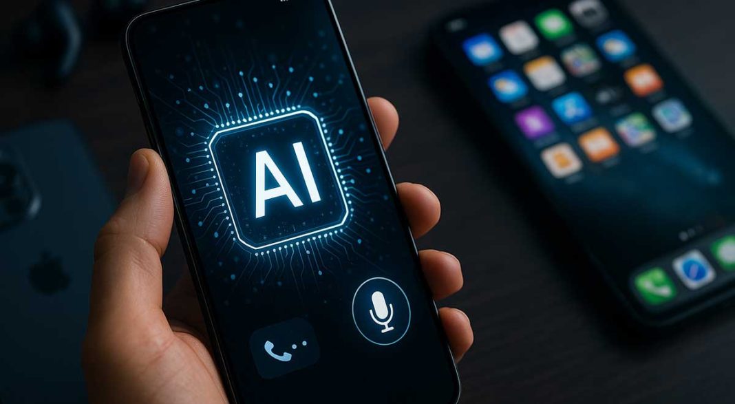 Smartphone displaying an AI interface with glowing circuitry, surrounded by a second phone, app icons, and wireless earbuds on a dark surface.