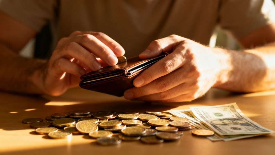Person considering spending money, holding a wallet.