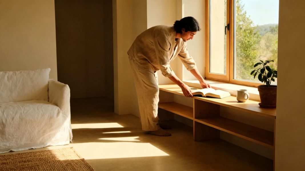 Minimalist living space with sunlight and essential items.