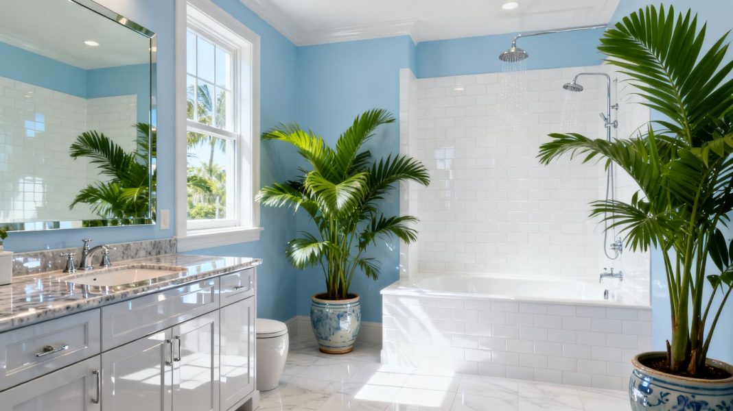 Modern Florida bathroom with plants and natural light.