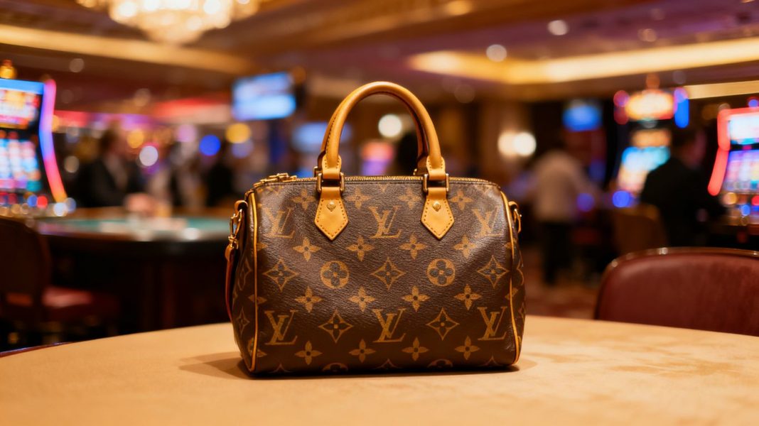 Louis Vuitton handbag and blurred casino background