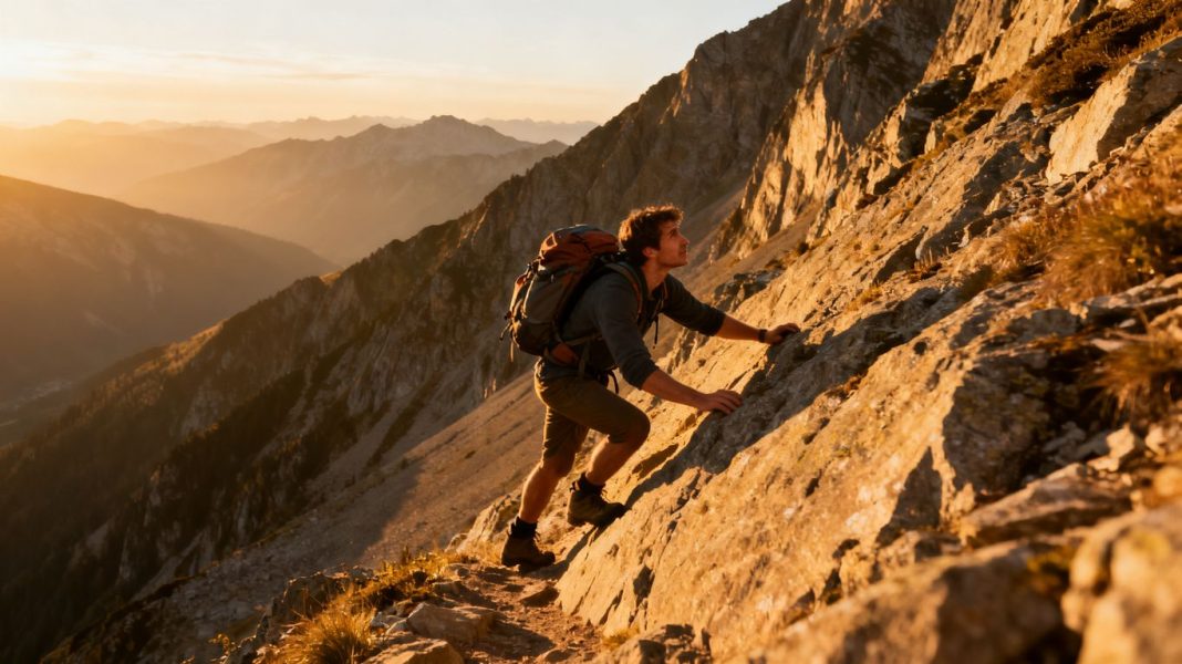 Person climbing mountain towards a goal.