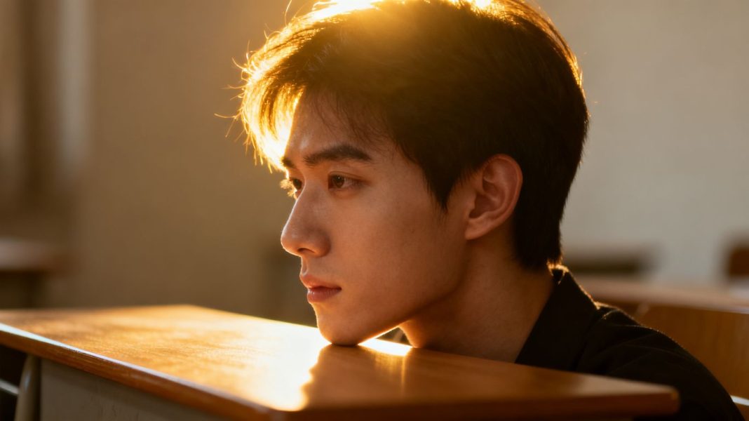 Person focused at desk with glowing head.
