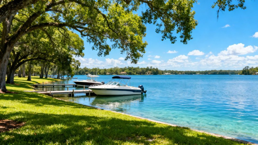 Lakefront view of Windermere, Florida with boats and trees.