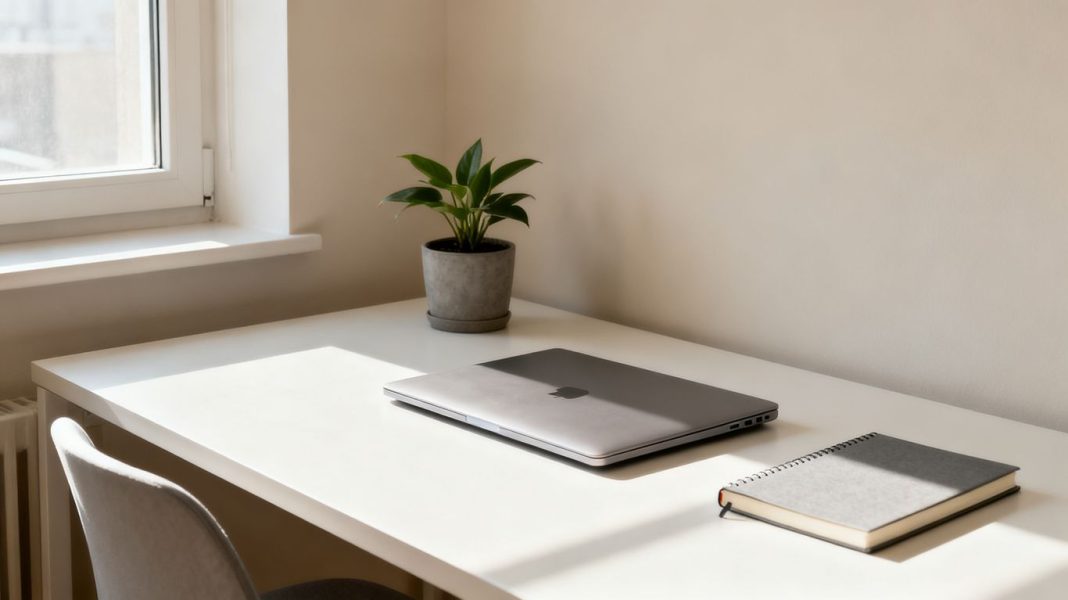 Minimalist desk with laptop and plant.
