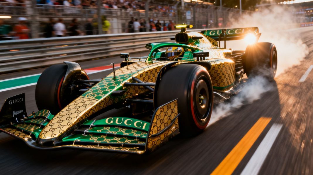 Gucci branded F1 race car in motion.