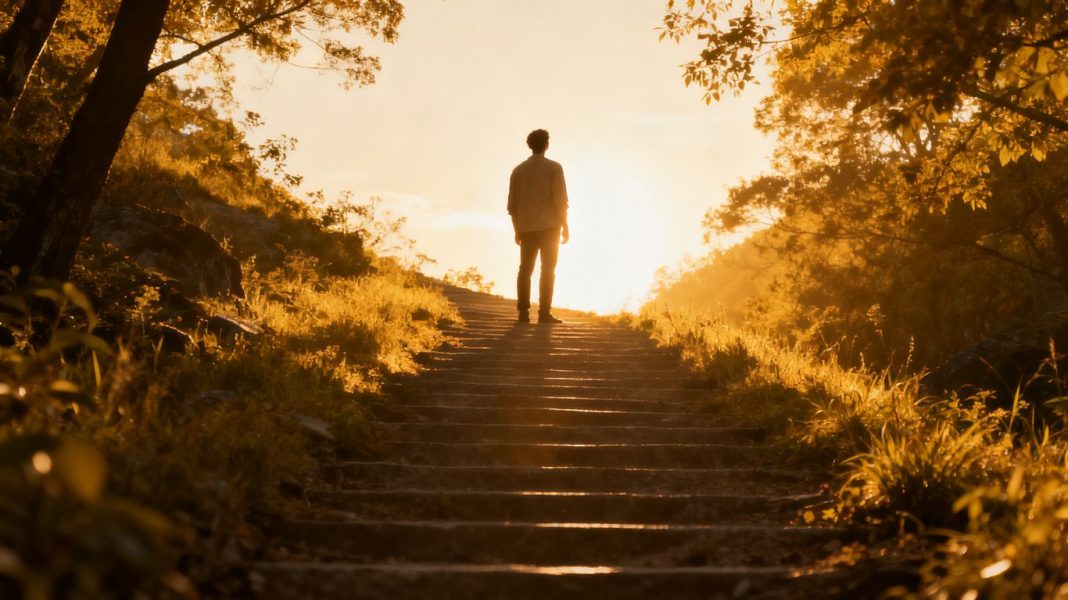 Person on upward path towards bright horizon.