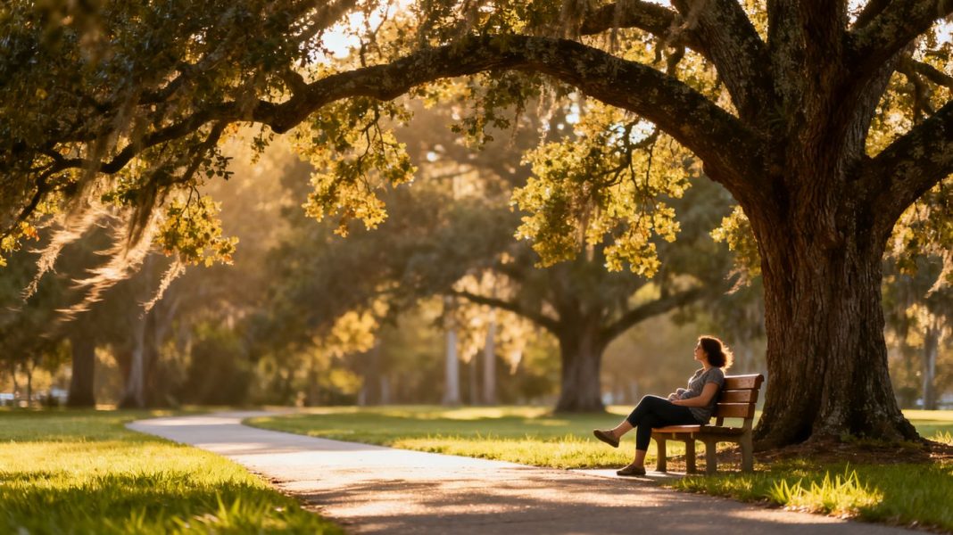 Peaceful park bench under a tree in West Orlando.